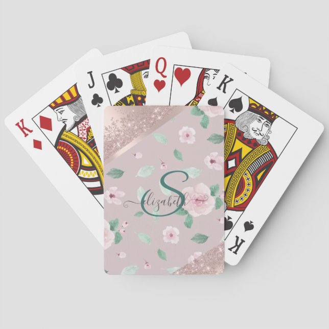 Watercolor Flowers Rose Gold Monogram Playing Cards (Back)