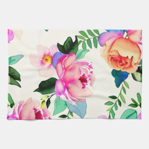 watercolor flowers roses tea towel