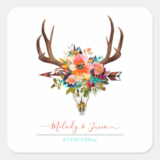 WATERCOLOR FLOWERS, RUSTIC BOHO SKULL+ARROW SQUARE STICKER (Front)