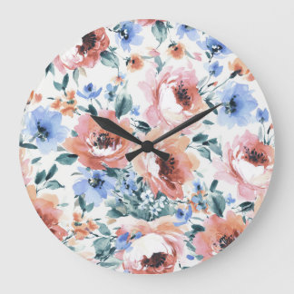 Watercolor flowers, seamless pattern illustration. large clock