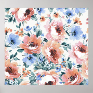 Watercolor flowers, seamless pattern illustration. poster