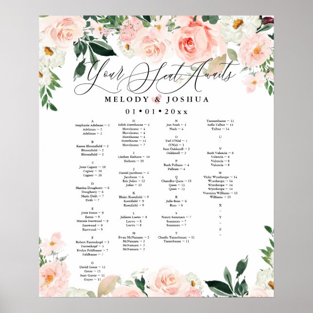 WATERCOLOR FLOWERS SEATING CHART, ALPHABETICAL POSTER (Front)