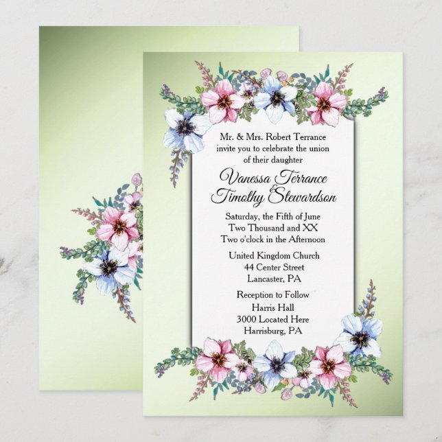 Watercolor Flowers Shine Wedding Invitation (Front/Back)