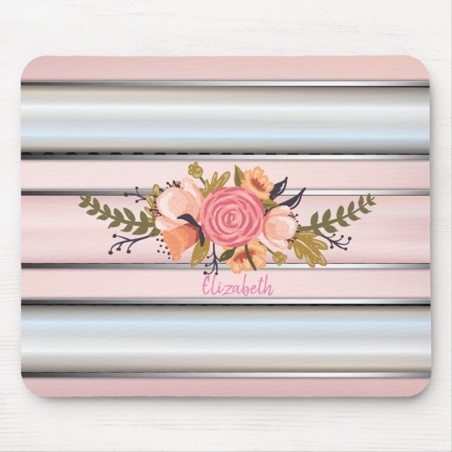 Watercolor Flowers,Silver  Stripes -Personalised Mouse Pad (Front)