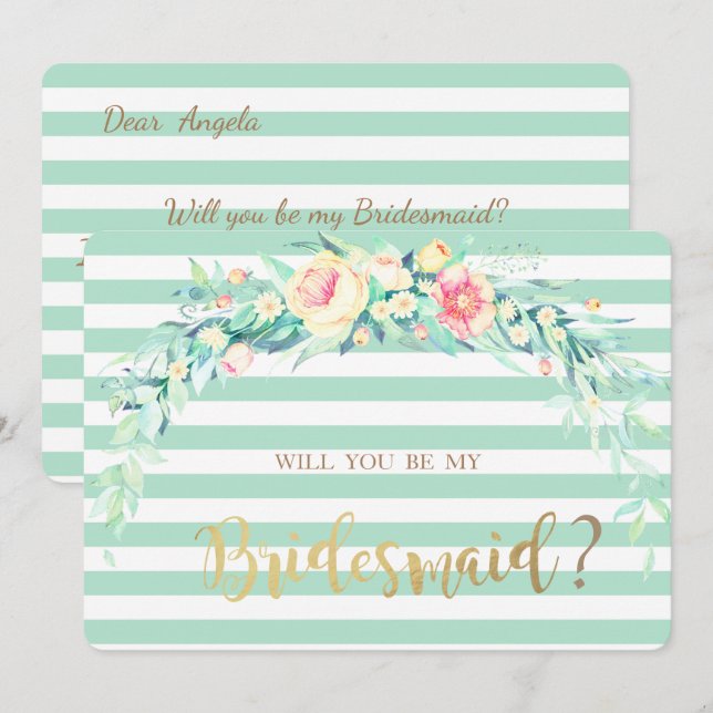Watercolor Flowers Stripes Bridesmaid Card (Front/Back)