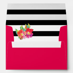 Watercolor flowers, stripes pink floral wedding envelope