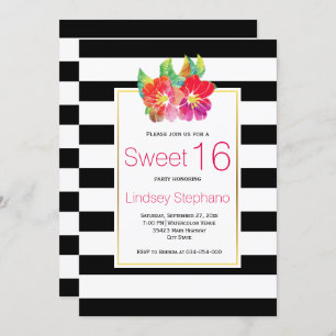 Watercolor flowers, stripes sweet sixteen birthday invitation
