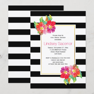 Watercolor flowers, stripes wedding bridal shower invitation