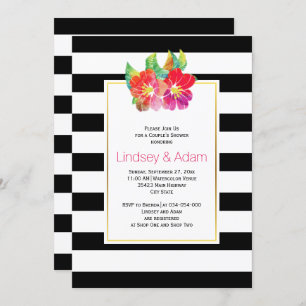 Watercolor flowers, stripes wedding couples shower invitation