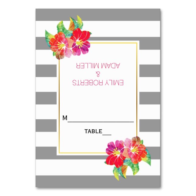 Watercolor flowers stripes wedding escort card (Front)