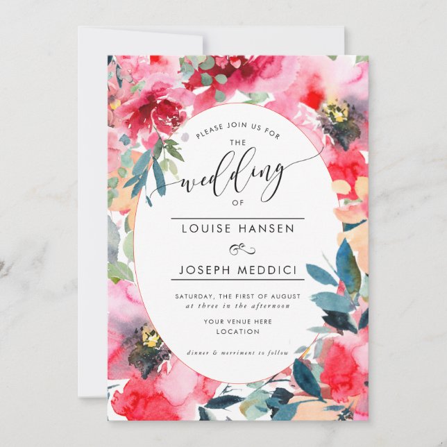 Watercolor Flowers Summer Roses, Red Ombre Wedding Invitation (Front)