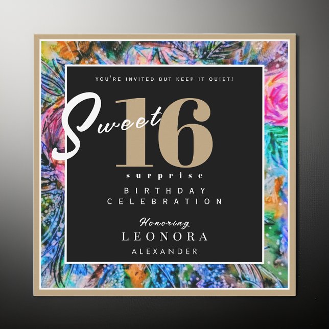 Watercolor Flowers Sweet Sixteen 16 Surprise Party Invitation (Creator Uploaded)