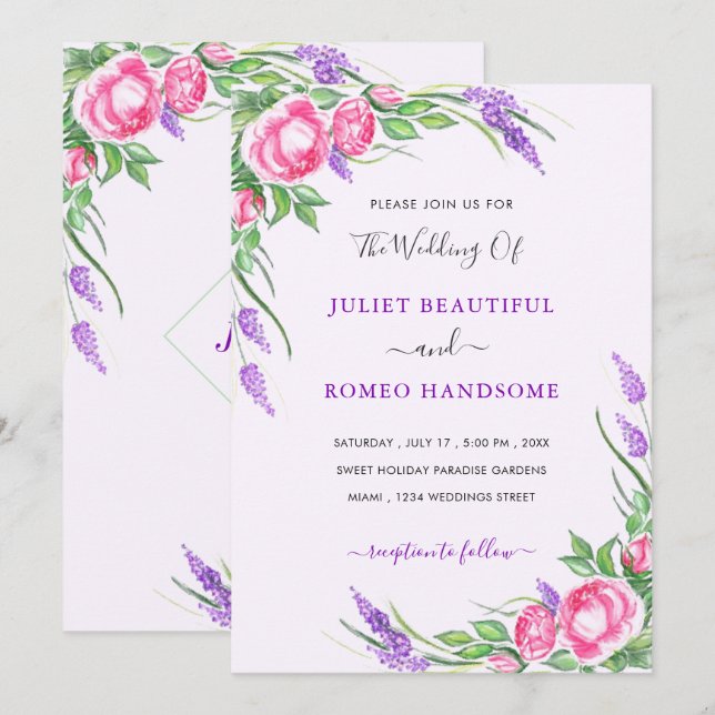 Watercolor Flowers Wedding Invitation Card (Front/Back)