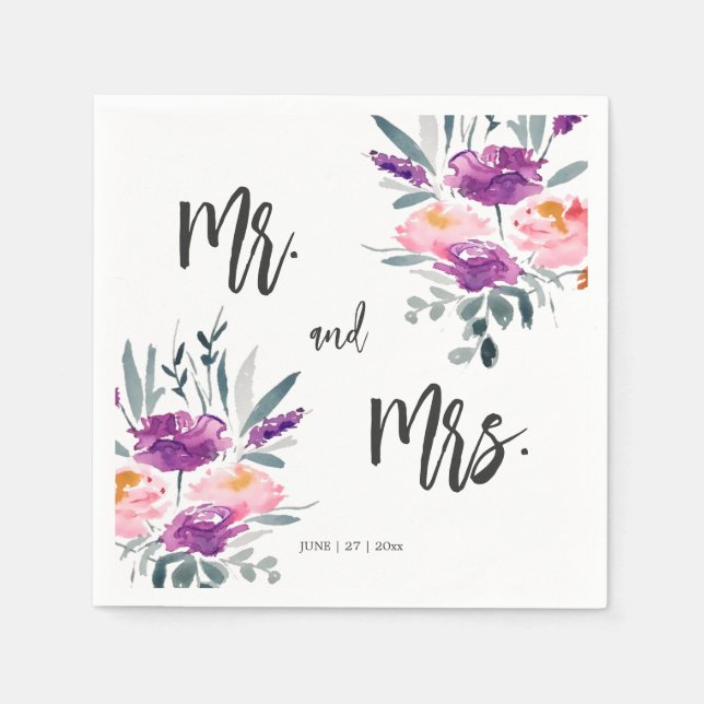 Watercolor Flowers Wedding Napkins (Front)