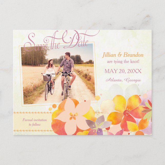 Watercolor Flowers Wedding Photo Save the Date Announcement Postcard (Front)