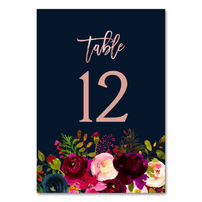 Watercolor Flowers Wedding Rose Gold Table Number (Front)