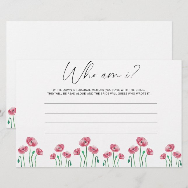 Watercolor flowers Who am I bridal shower game Stationery (Front/Back)
