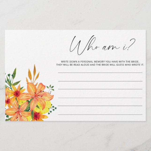 Watercolor flowers Who am I bridal shower game Stationery (Front)