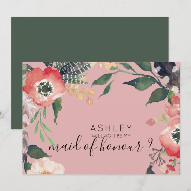 Watercolor Flowers Will You Be My Bridesmaid Name Invitation (Front/Back)