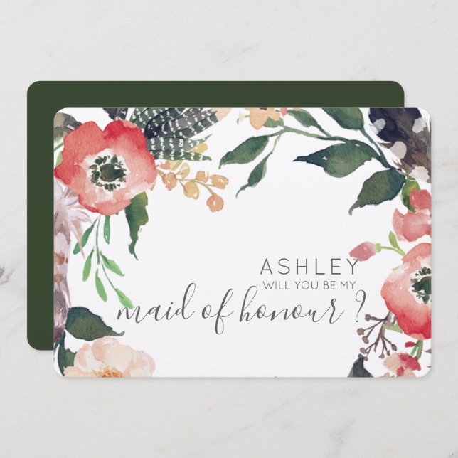 Watercolor Flowers Will You Be My Bridesmaid Name Invitation (Front/Back)