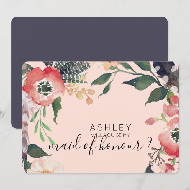 Watercolor Flowers Will You Be My Bridesmaid Name Invitation (Front/Back)