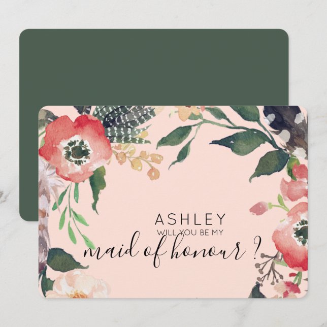Watercolor Flowers Will You Be My Bridesmaid Name Invitation (Front/Back)