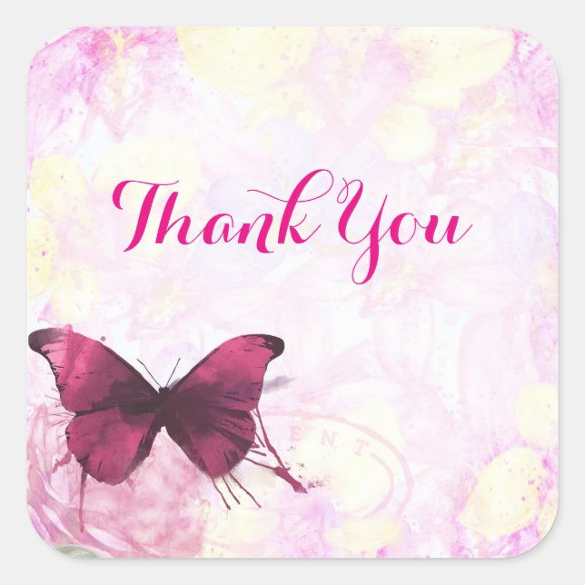 Watercolor Flowers with Butterfly Thank You Square Sticker (Front)