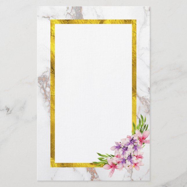 Watercolor Flowers with Faux Gold Foil frame Stationery (Front)