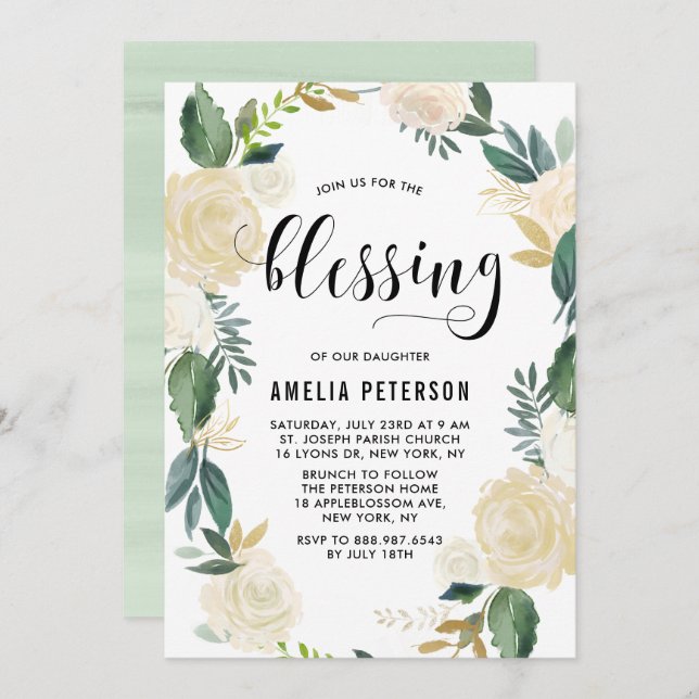 Watercolor Flowers with Gold Glitter Baby Blessing Invitation (Front/Back)