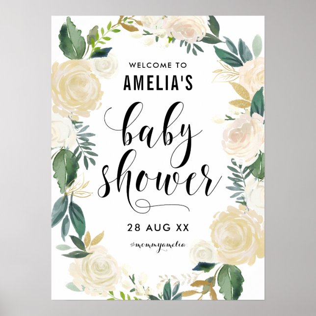 Watercolor Flowers with Gold Glitter Baby Shower Poster (Front)