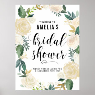 Watercolor Flowers with Gold Glitter Bridal Shower Poster