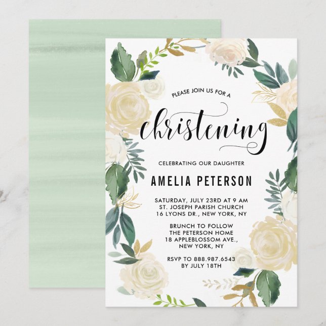Watercolor Flowers with Gold Glitter Christening Invitation (Front/Back)