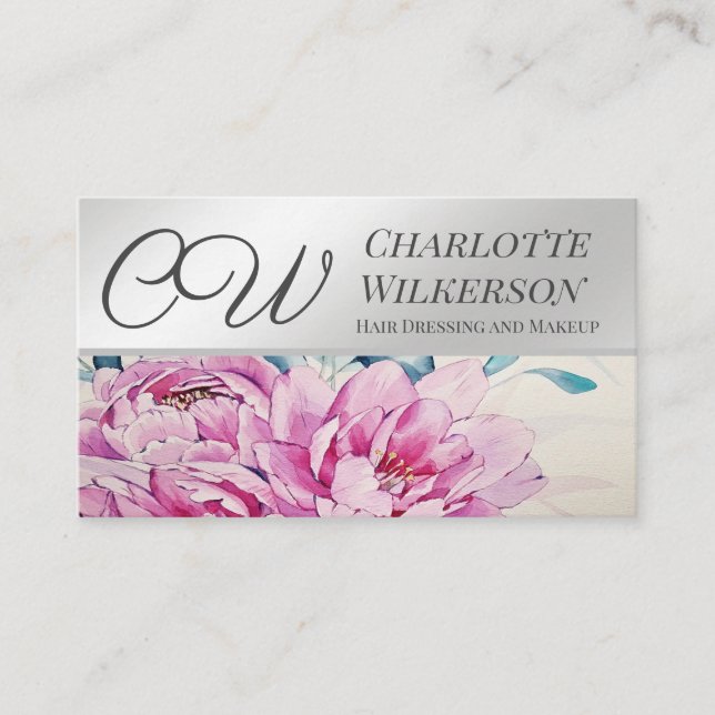Watercolor Flowers with Metallic Silver Floral Business Card (Front)