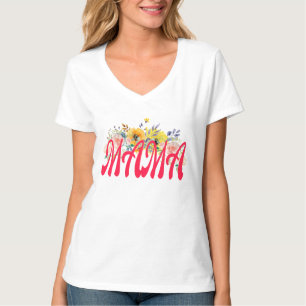 Watercolor Flowers with Red Mama Word  T-Shirt