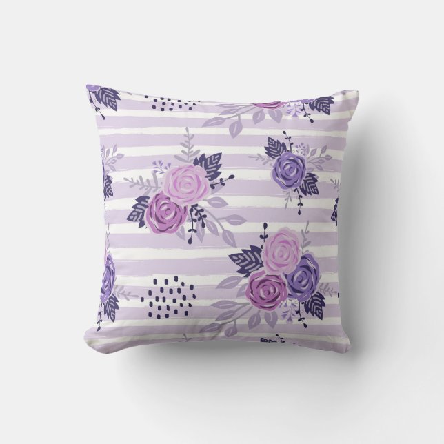 Watercolor flowers with stripes cushion (Front)