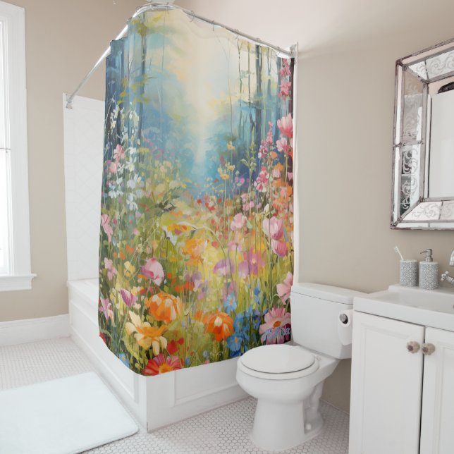 watercolor flowers with sunset Shower Curtain (In Situ)