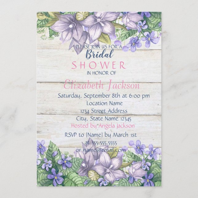 Watercolor Flowers, Wood Texture  Bridal Shower Invitation (Front)