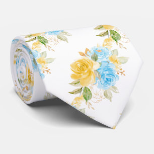 Watercolor Flowers Yellow Blue Roses Tie