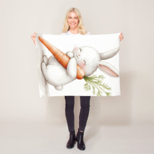Watercolor Fluffy Bunny Carrot Love Fleece Blanket