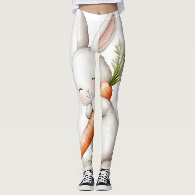 Watercolor Fluffy Bunny Carrot Love  Leggings (Front)