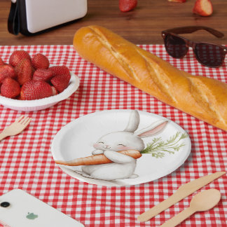 Watercolor Fluffy Bunny Carrot Love Paper Plate
