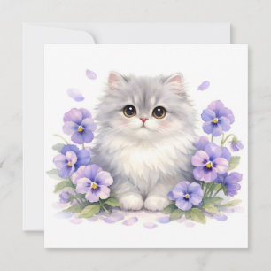 Watercolor Fluffy Kitten with Purple Pansy Flowers Card