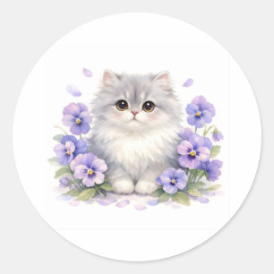Watercolor Fluffy Kitten with Purple Pansy Flowers Classic Round Sticker
