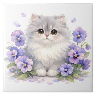 Watercolor Fluffy Kitten with Purple Pansy Flowers Tile