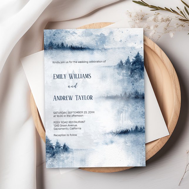 Watercolor foggy forest wedding invitation  (“Elegant navy blue watercolor wedding invite with foggy forest design for rustic or woodland wedding)
