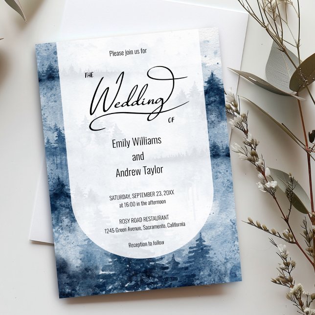Watercolor foggy forest wedding invitation  (Elegant navy blue watercolor wedding invitation with a foggy forest design. Perfect for rustic weddi)