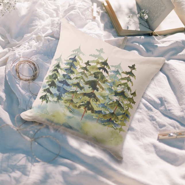 Watercolor Foggy Green Pine Forest Cushion (In situ)