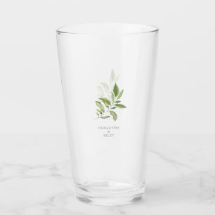 Watercolor FoIiage Sage Custom Names Wedding Glass