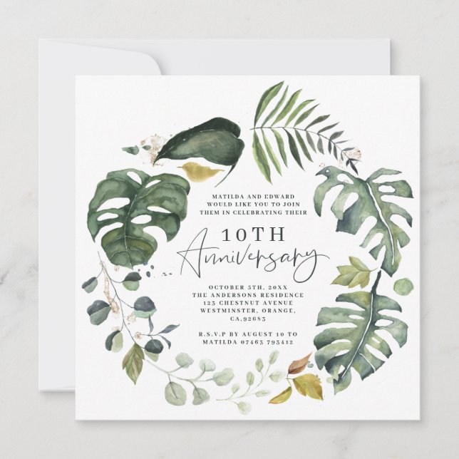 Watercolor foliage 10th wedding anniversary invite (Front)