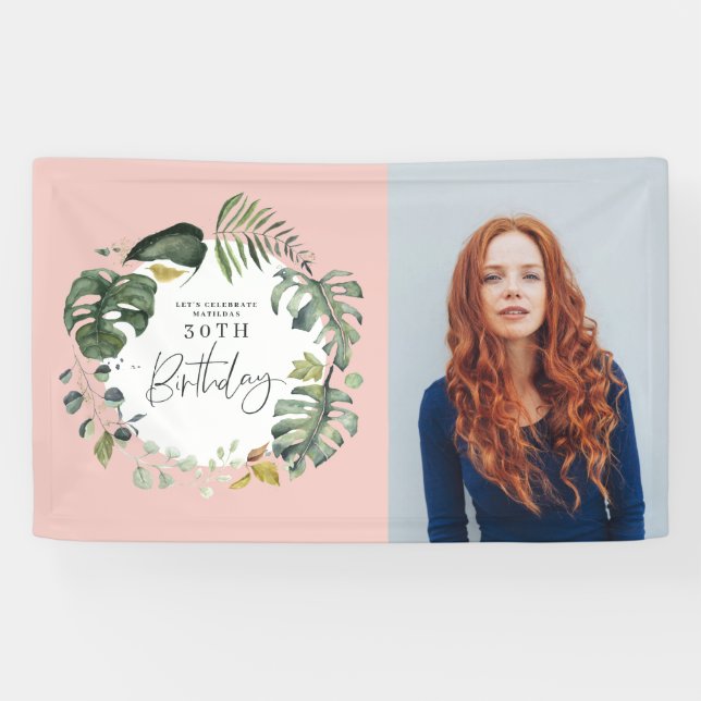 Watercolor foliage 30th photo birthday party banner (Horizontal)